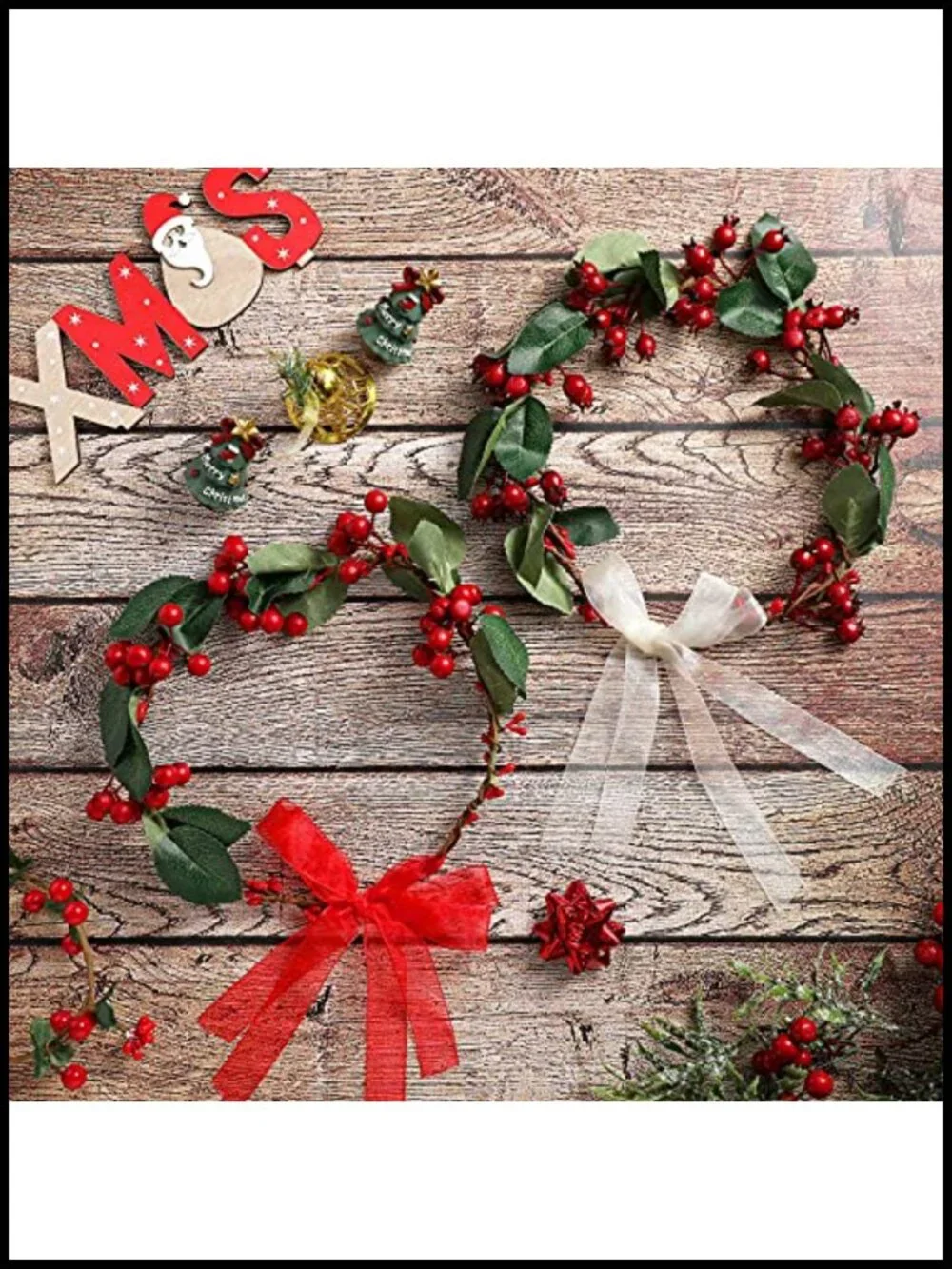 2 Pack Adjustable Christmas Berry Headband Hair Crown Ribbon Wrap
